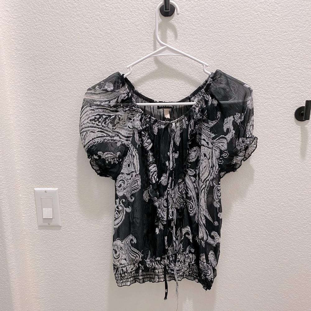 Wet Seal Y2K Sheer Black White Floral Puff Sleeve Cinch Waist Peasant Blouse - S